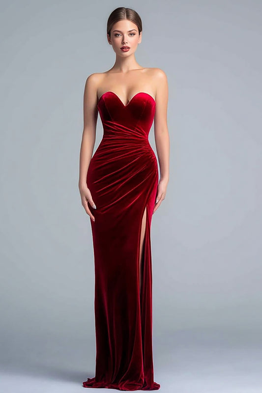 Burgundy Velvet Long Formal Dress with Slit Mermaid Ruched Sweetheart Strapless Holiday Party Dress