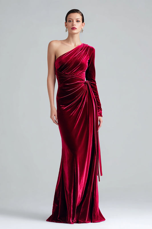 Burgundy Sheath Maxi Velvet One Shoulder Formal Dress