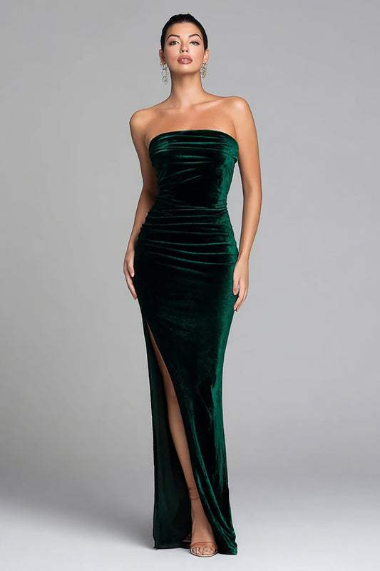 Dark Green Velvet Mermaid Strapless Long Holiday Party Dress with Slit