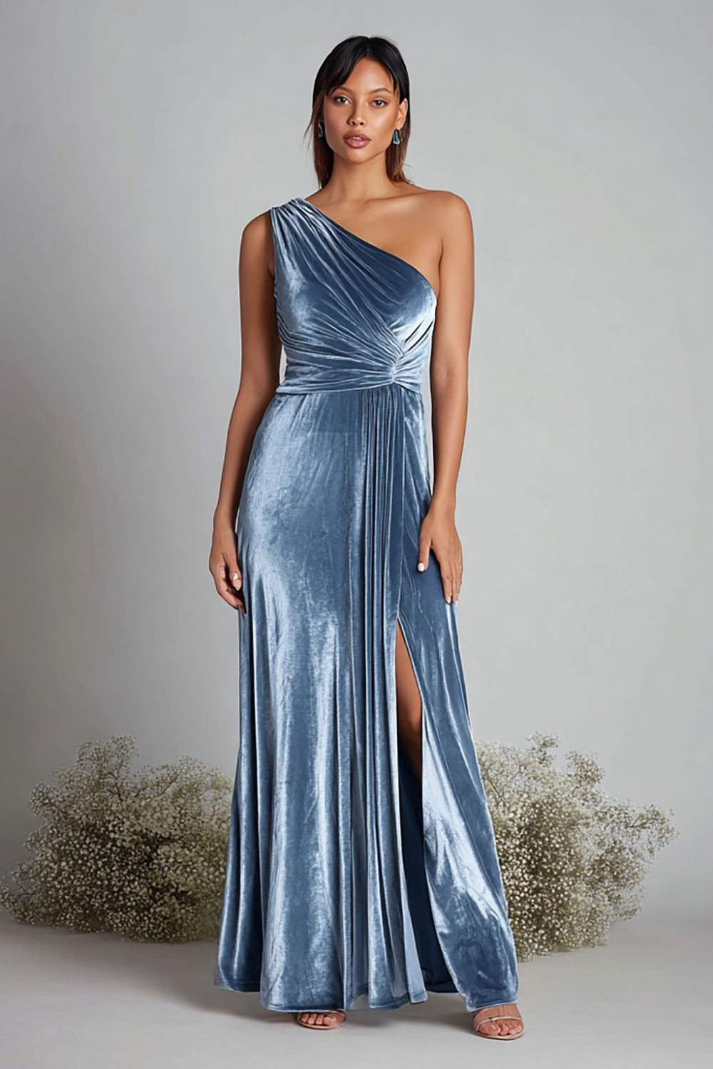 Zapakasa Women Dusty Blue Long Ruched Velvet Holiday Party Dress with Slit Sheath One Shoulder Formal Dress Zapakasa Women Dusty Blue Long Ruched Velvet Holiday Party Dress with Slit Sheath One Shoulder Formal Dress