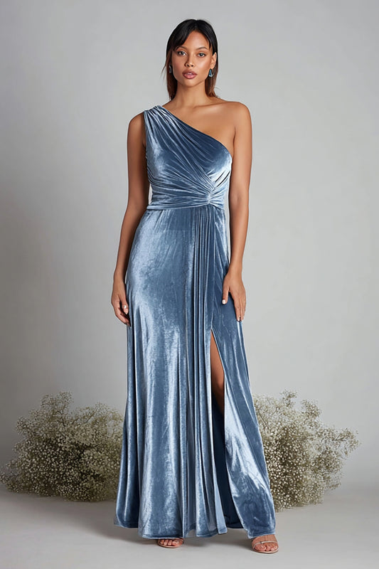 Dusty Blue Long One Shoulder Ruched Holiday Party Dress with Slit