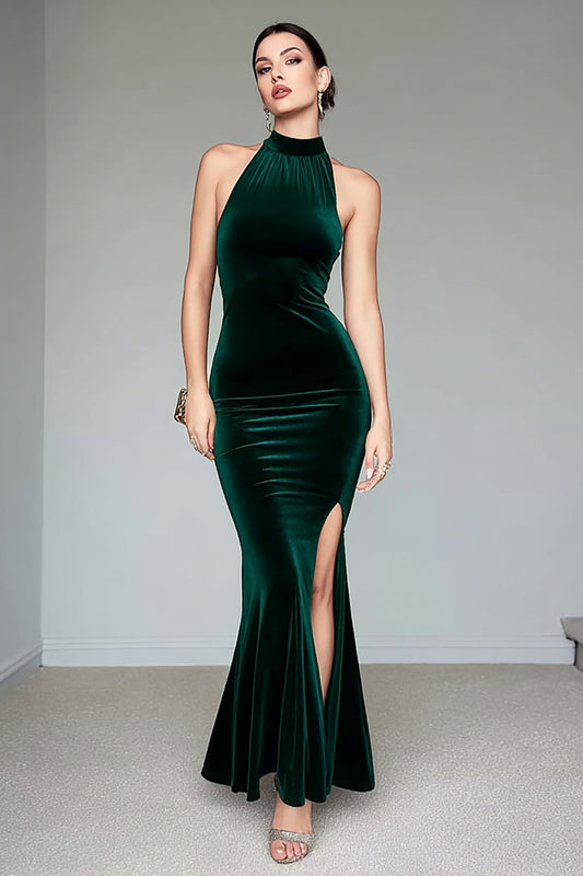 Dark Green Velvet Mermaid Halter Long Formal Dress with Slit