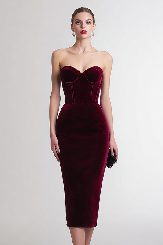 Burgundy Sheath Sweetheart Corset Midi Velvet Holiday Party Dress