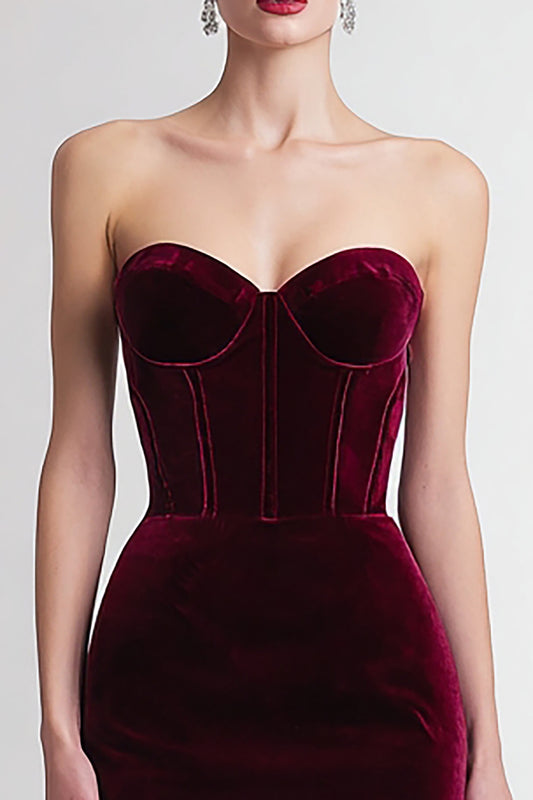 Burgundy Sheath Sweetheart Corset Midi Velvet Holiday Party Dress