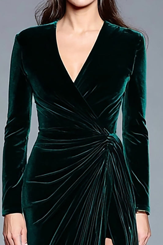 Dark Green Velvet V-Neck Long Sleeves Holiday Party Dress with Slit
