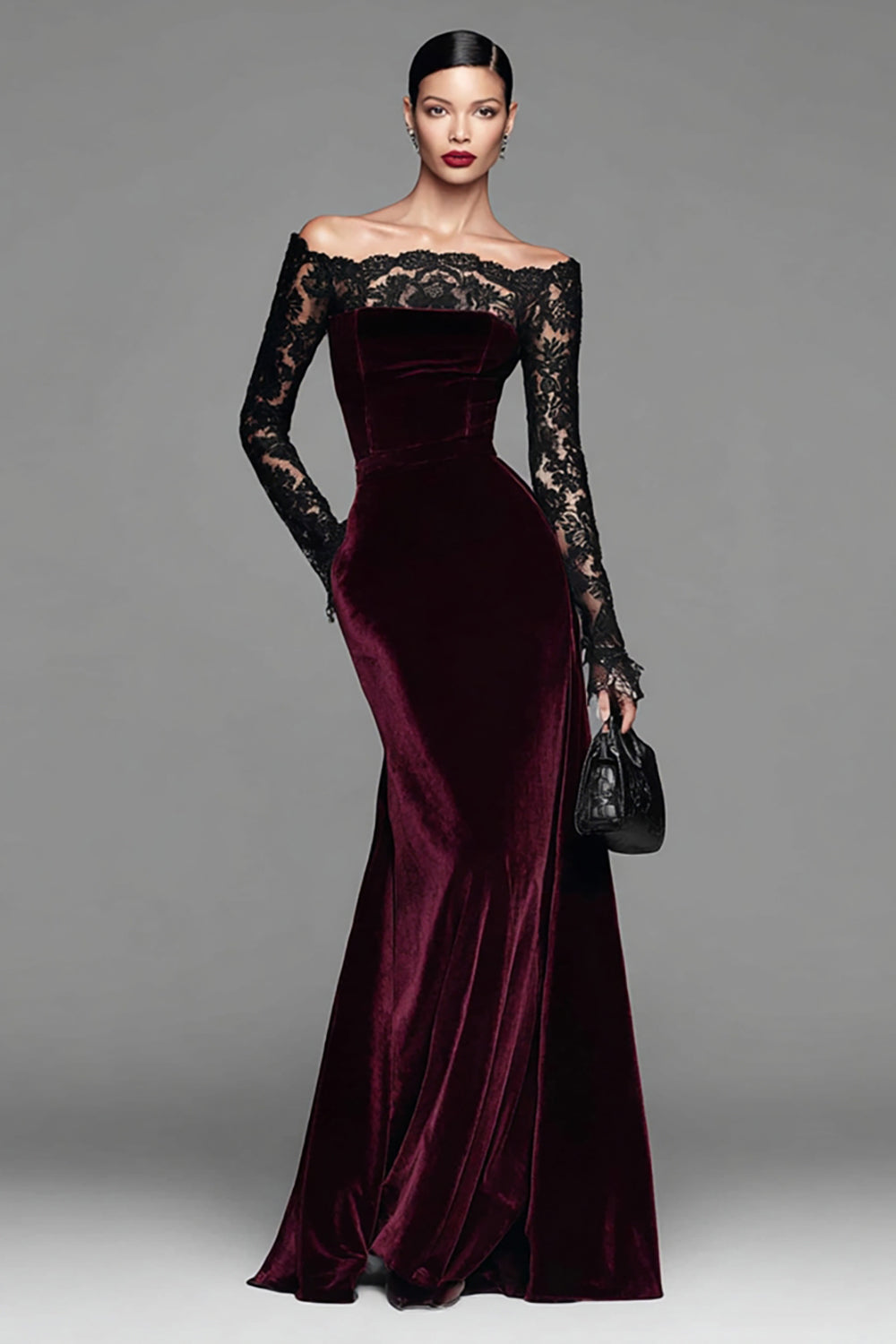 Zapaka Women Burgundy Velvet Long Sleeve Formal Dress with Lace Off the Shoulder Mermaid Long Holiday Party Dress, Burgundy / US16