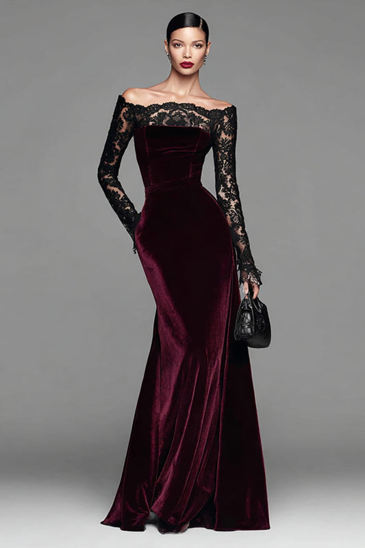 Zapaka Burgundy Velvet Long Sleeves Holiday Party Dress with Lace Off the Shoulder Mermaid Long Formal Dress