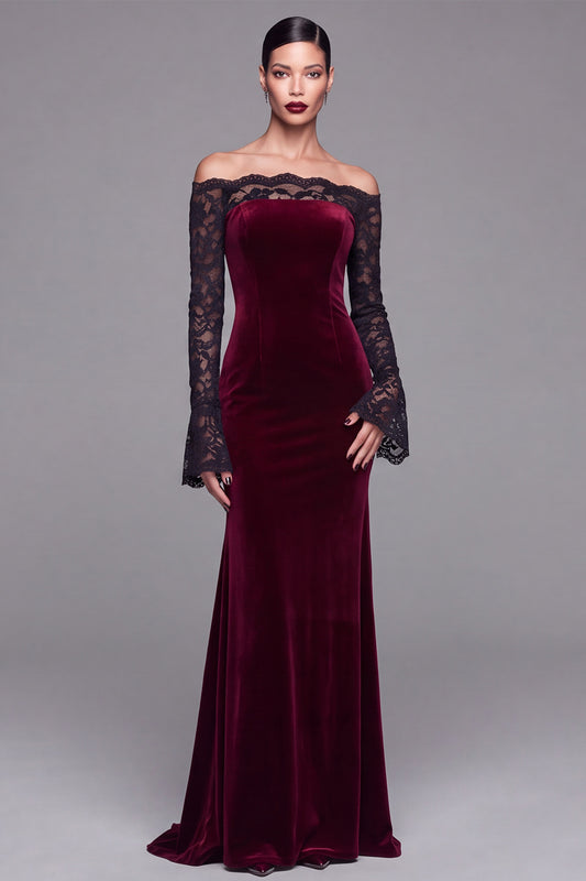 Burgundy Velvet Lace Off the Shoulder Mermaid Long Sleeves Formal Dress
