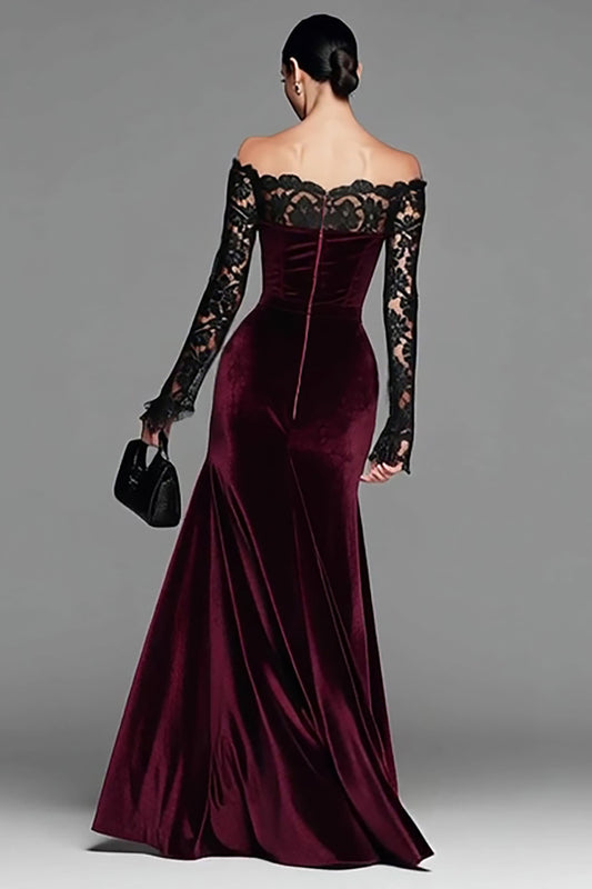 Burgundy Velvet Lace Off the Shoulder Mermaid Long Sleeves Formal Dress