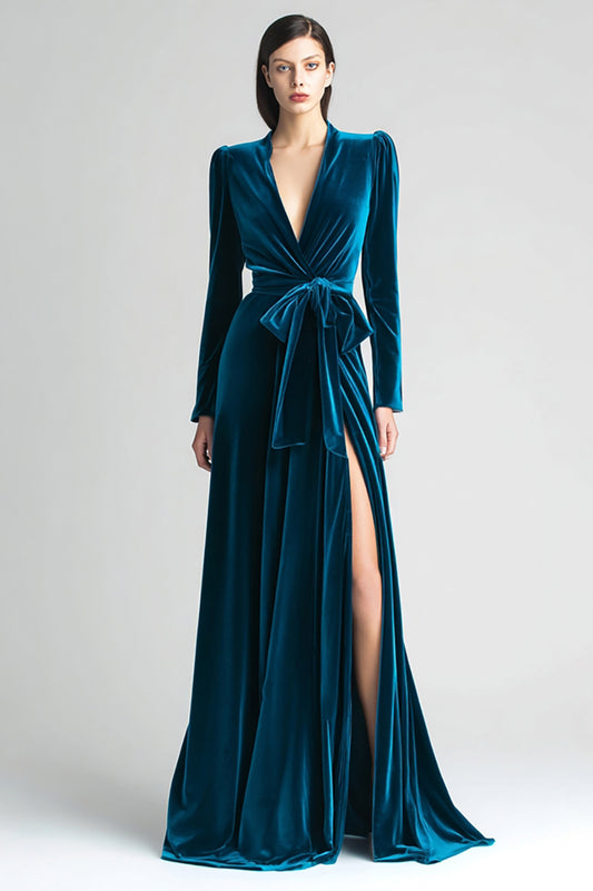 Peacock Blue Velvet A Line Ruched Long Sleeves Holiday Party Dress with Sash
