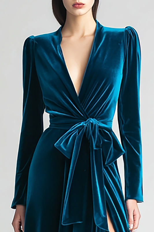Peacock Blue Velvet A Line Ruched Long Sleeves Holiday Party Dress with Sash