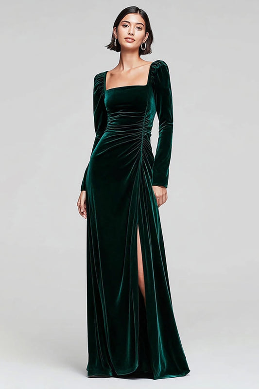 Dark Green Sheath Velvet Square Neck Long Sleeves Holiday Party Dress with Slit