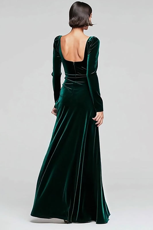 Dark Green Sheath Velvet Square Neck Long Sleeves Holiday Party Dress with Slit