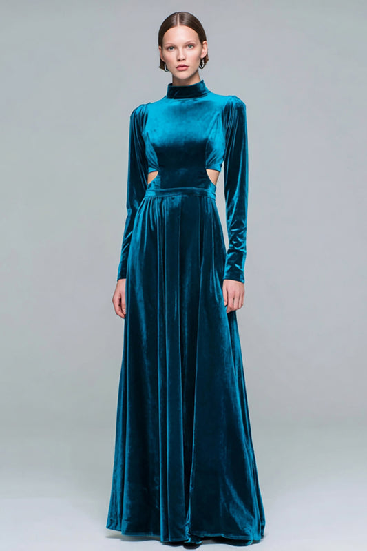 Peacock Blue Velvet Cut Out High Neck Long Sleeves Holiday Party Dress