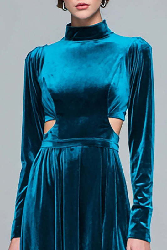 Peacock Blue Velvet Cut Out High Neck Long Sleeves Holiday Party Dress