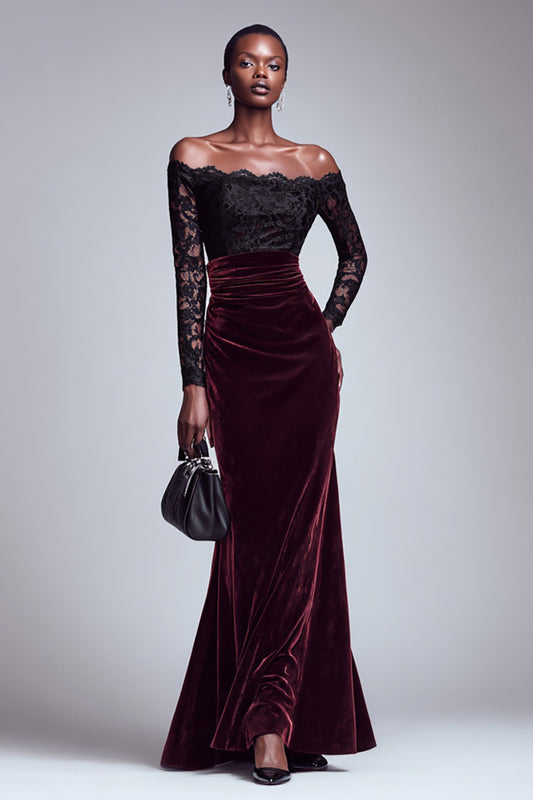 Black and Burgundy Velvet Long Sleeves Holiday Party Dress with Lace