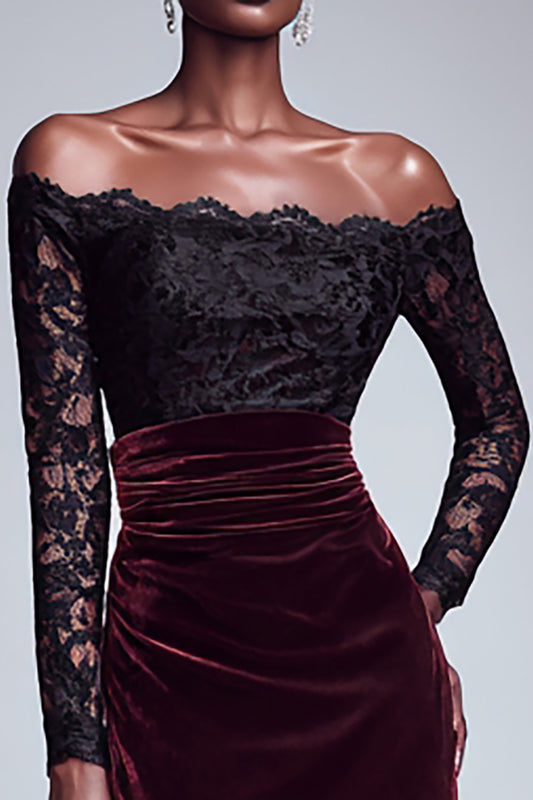 Black and Burgundy Velvet Long Sleeves Holiday Party Dress with Lace