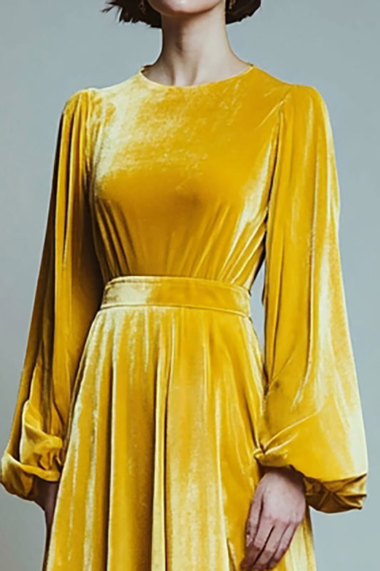 Yellow A Line Velvet Round Neck Long Sleeves Holiday Party Dress
