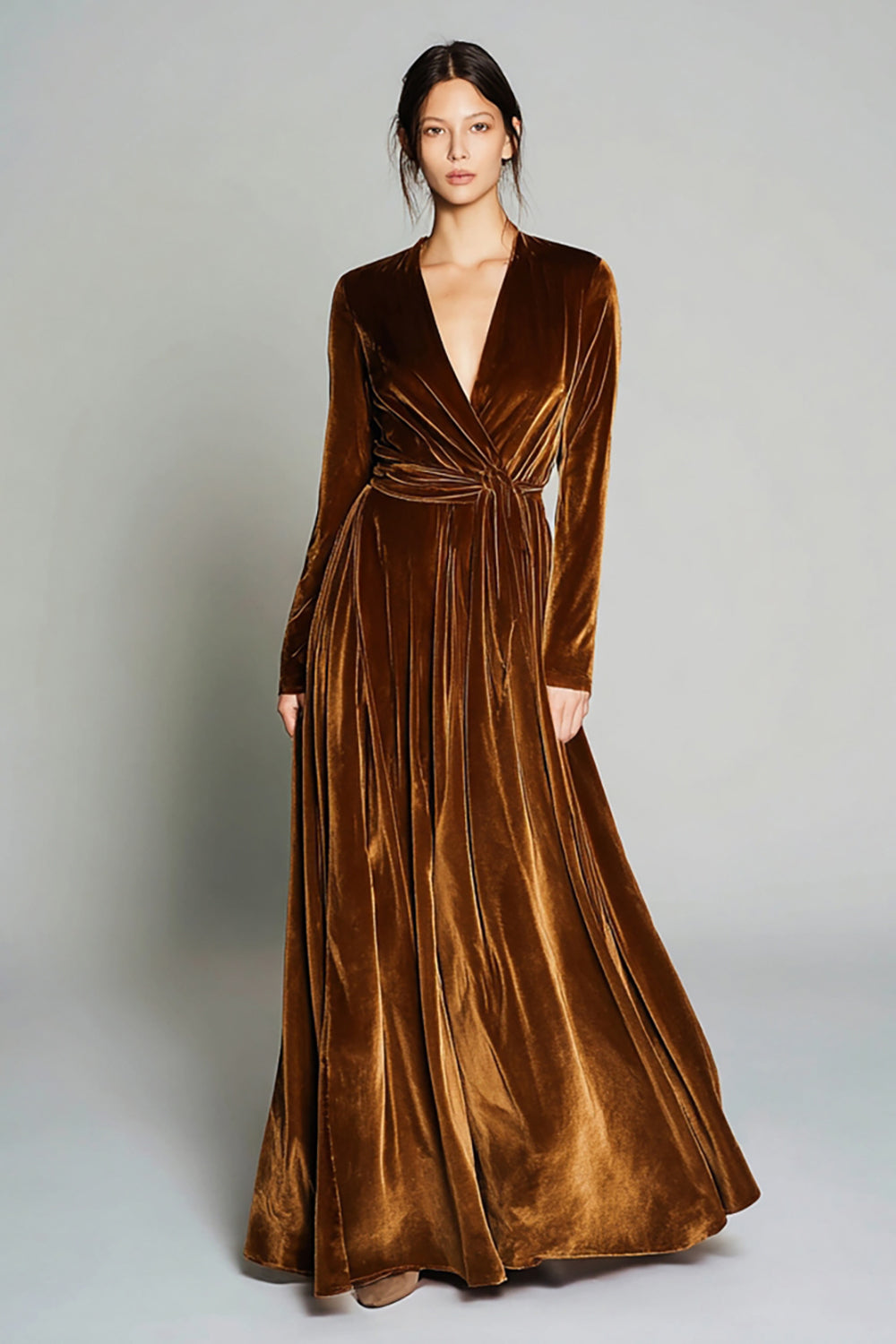 Zapakasa Women Brown Velvet Long Sleeves Holiday Party Dress A Line Pleated V-Neck Formal Dress Zapakasa Women Brown Velvet Long Sleeves Holiday Party Dress A Line Pleated V-Neck Formal Dress