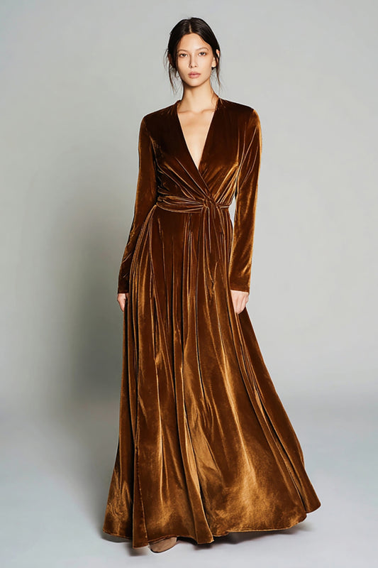 Brown Velvet Long Sleeves Holiday Party Dress A Line Pleated V-Neck Formal Dress