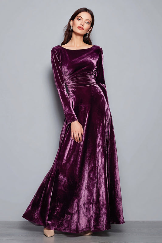 Plum Velvet A Line Boat Neck Long Sleeves Holiday Party Dress