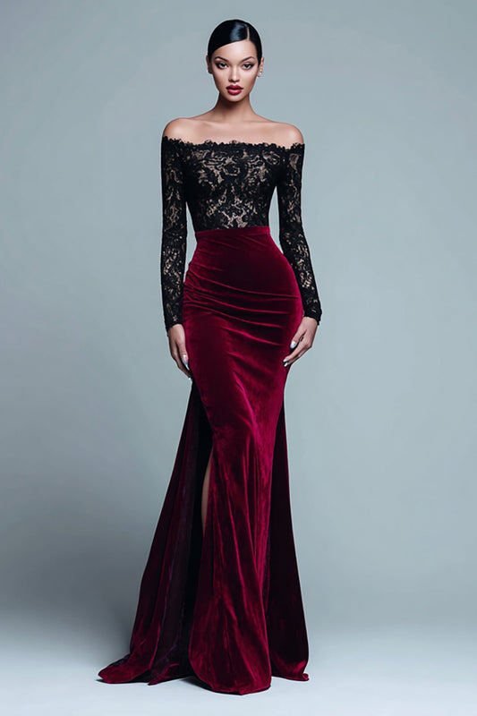 Black and Burgundy Mermaid Velvet Long Sleeves Holiday Party Dress with Lace