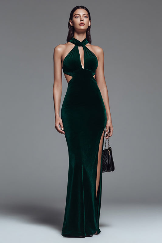 Dark Green Velvet Cut Out Mermaid Long Holiday Party Dress with Slit