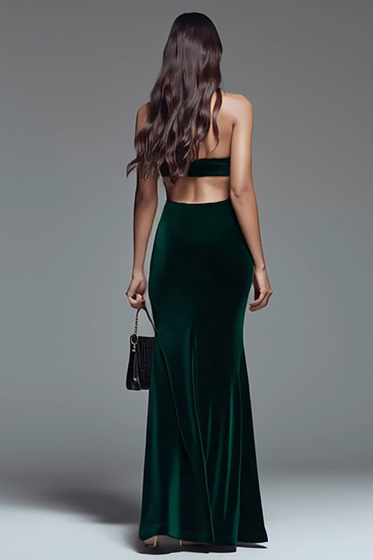 Dark Green Velvet Cut Out Mermaid Long Holiday Party Dress with Slit