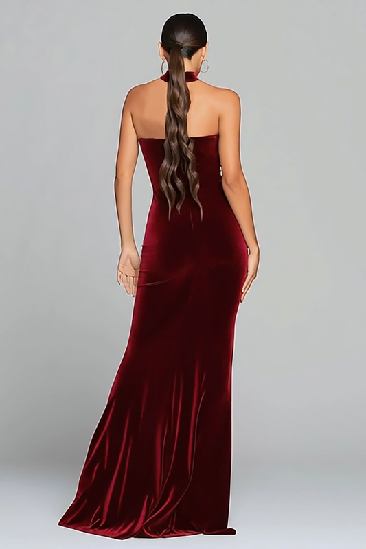 Burgundy Velvet Mermaid Halter Keyhole Long Holiday Party Dress with Slit