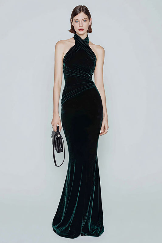 Dark Green Halter Velvet Mermaid Long Holiday Party Dress