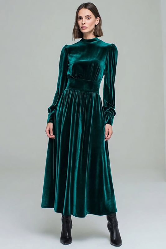 Peacock Green A Line Velvet Long Holiday Party Dress with Sleeves