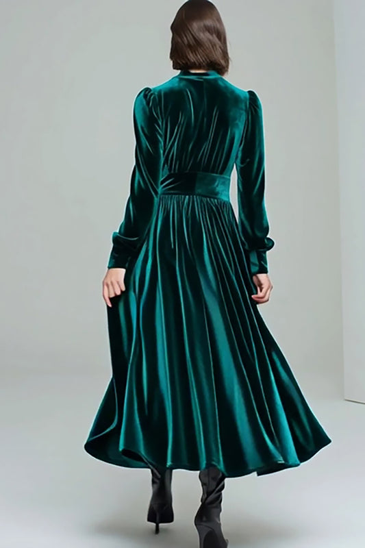Peacock Green A Line Velvet Long Holiday Party Dress with Sleeves