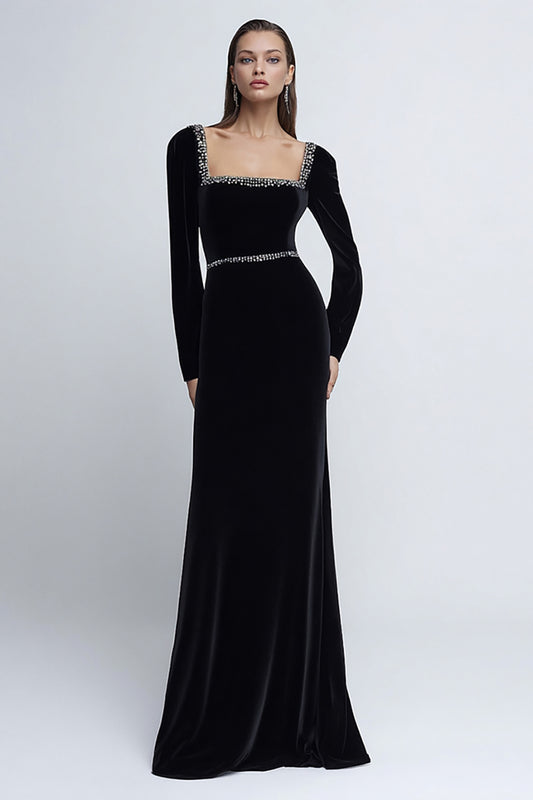 Sparkly Black Velvet Long Sleeves Holiday Party Dress with Beading