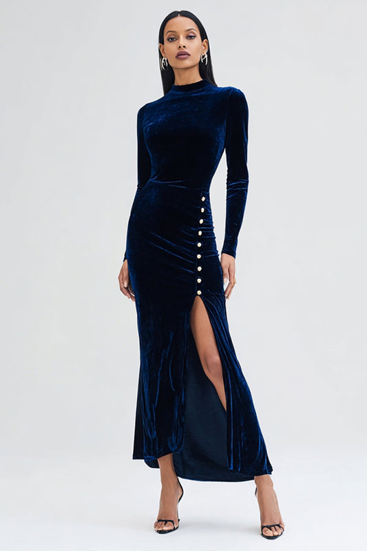 Navy Velvet Long Sleeves Holiday Party Dress with Slit High Neck Mermaid Formal Dress