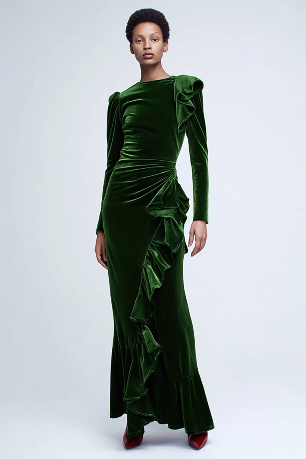 Zapakasa Women Green Velvet Mermaid Holiday Party Dress Ruffled Long Formal Dress with Sleeves Zapakasa Women Green Velvet Mermaid Holiday Party Dress Ruffled Long Formal Dress with Sleeves