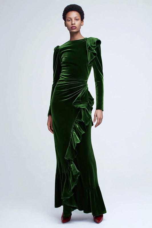 Green Velvet Mermaid Long Ruffled Holiday Party Dress with Sleeves