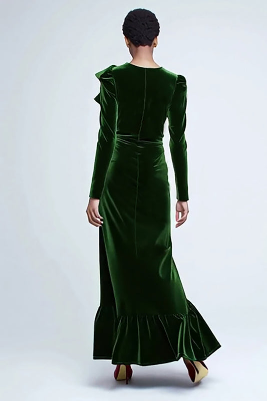 Green Velvet Mermaid Long Ruffled Holiday Party Dress with Sleeves