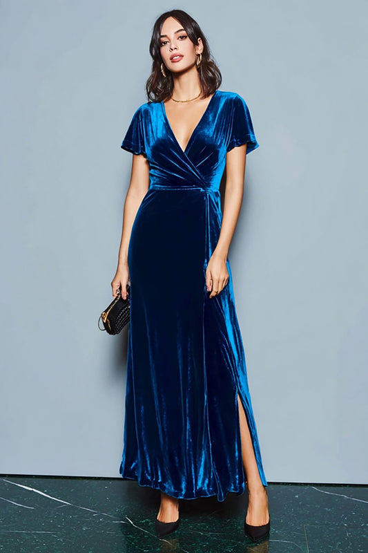 Dark Blue Velvet V-Neck Long Holiday Party Dress with Slit