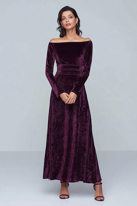 Plum Velvet A Line Long Holiday Party Dress with Sleeves