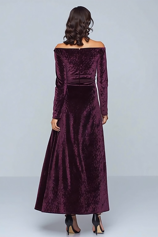 Plum Velvet A Line Long Holiday Party Dress with Sleeves