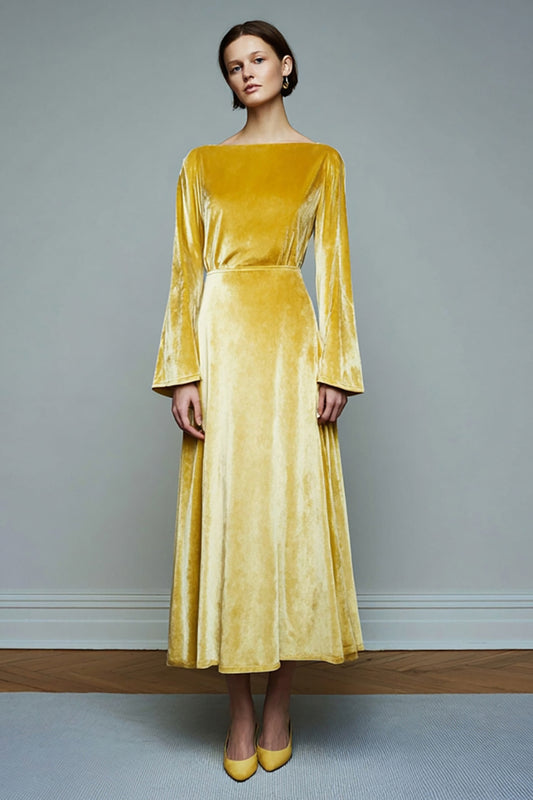 Yellow Velvet Long A Line Holiday Party Dress with Sleeves