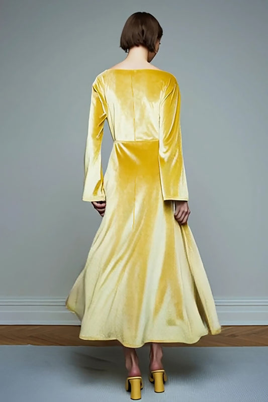 Yellow Velvet Long A Line Holiday Party Dress with Sleeves