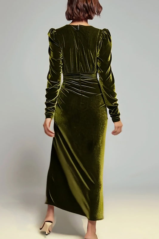 Olive Sheath Velvet Deep V-Neck Long Holiday Party Dress with Sleeves