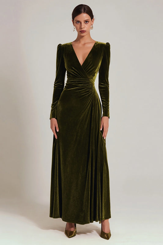 Zapakas Olive Velvet Long Holiday Party Dress with Sleeves A Line V-Neck Evening Dress