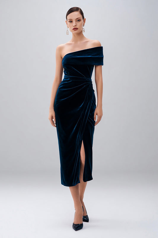 Navy Velvet Sheath Midi Holiday Party Dress with Slit