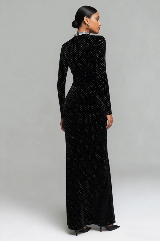 Sparkly Black Velvet Round Neck Long Holiday Party Dress with Sleeves