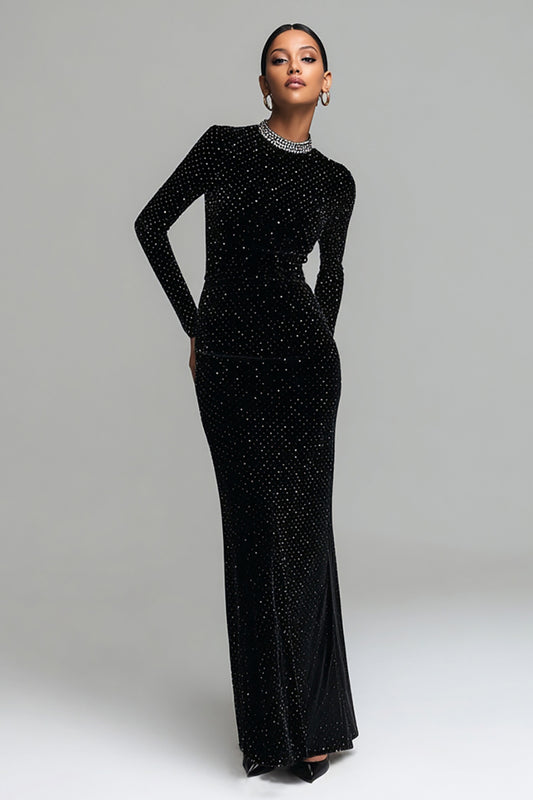 Sparkly Black Velvet Round Neck Long Holiday Party Dress with Sleeves