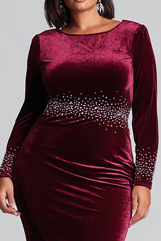Plus Size Sparkly Burgundy Velvet Mermaid Long Holiday Party Dress with Sleeves