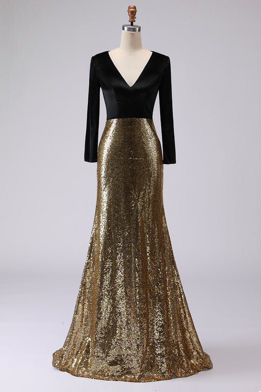 Sparkly Gold and Black Sequins V-Neck Long Sleeves Holiday Party Dress