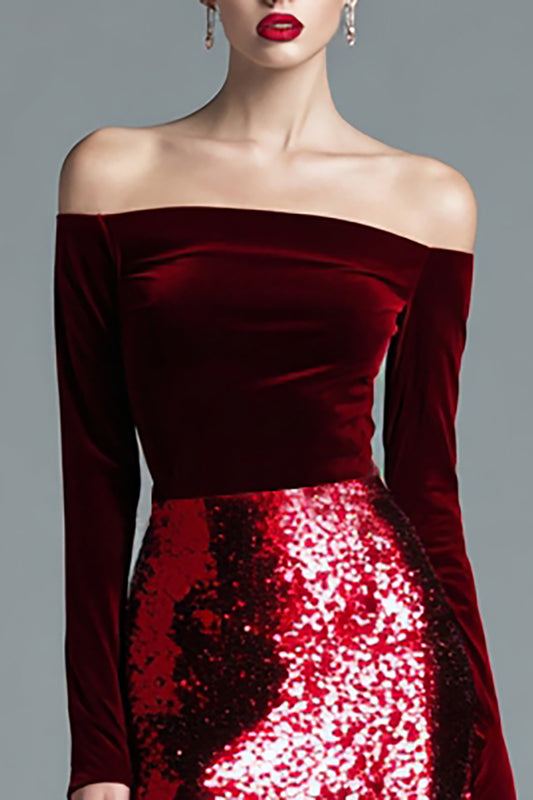 Sparkly Burgundy Velvet Long Off the Shoulder Holiday Party Dress with Sleeves